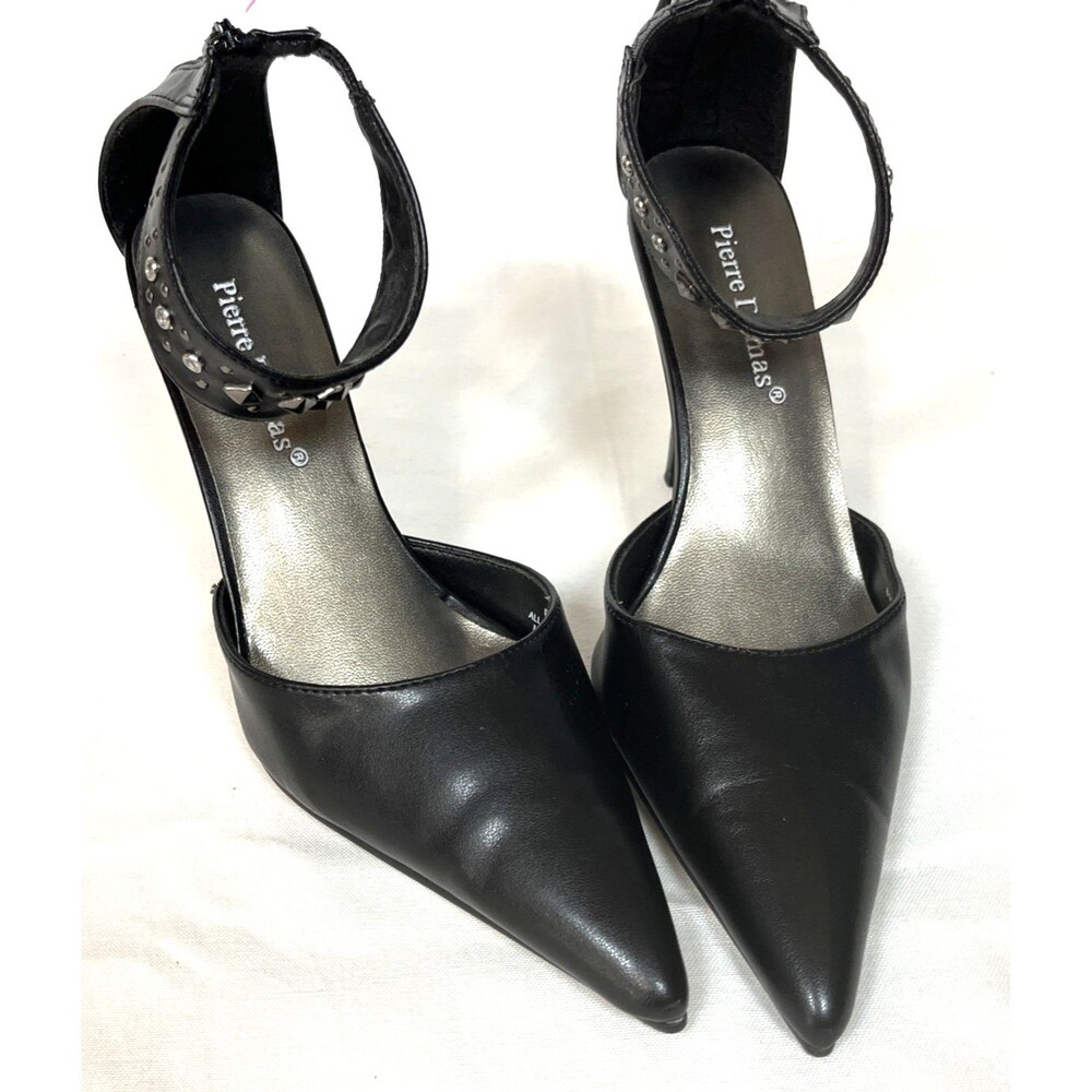 Pierre Dumas Black Heels Size 6.5 Med Studded Ankle Strap Zip Up Back of Heel